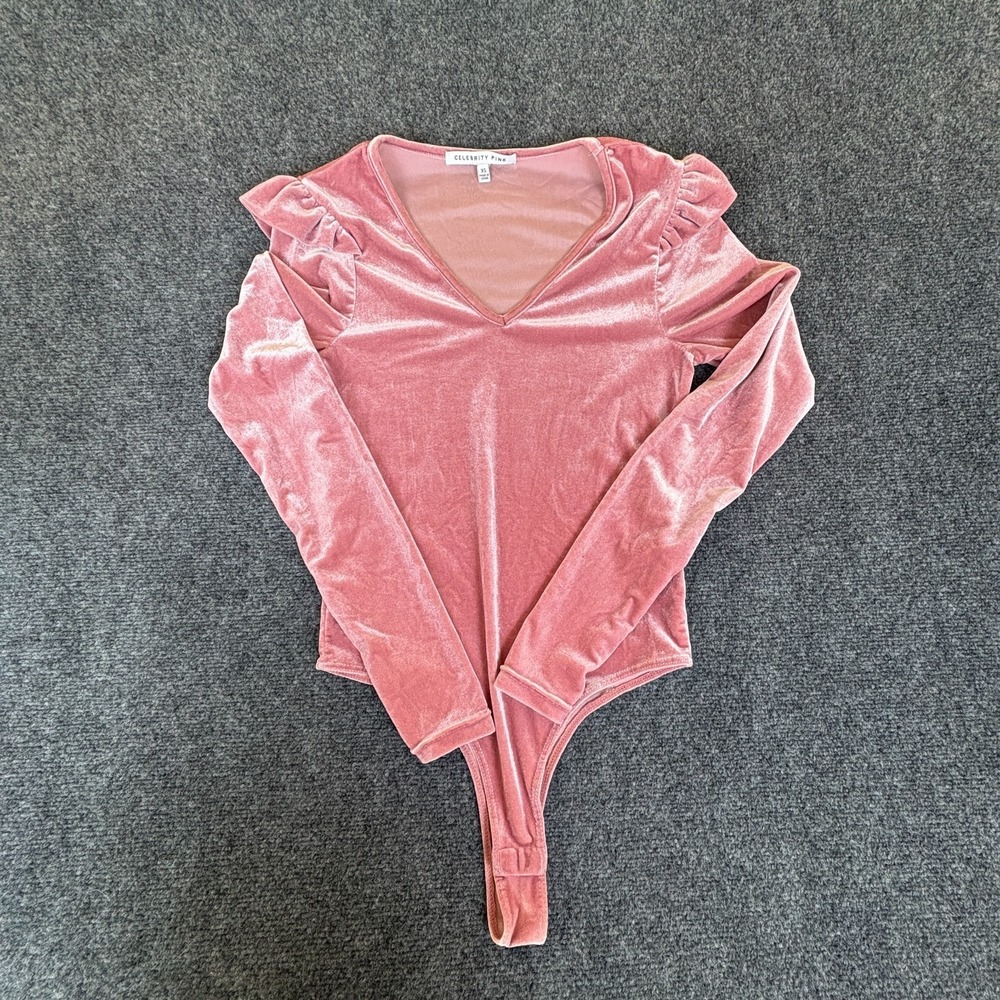 Celebrity Pink Bodysuit Womens XS Elderberry Velvet Stretch Ruffle‎ Shoulder